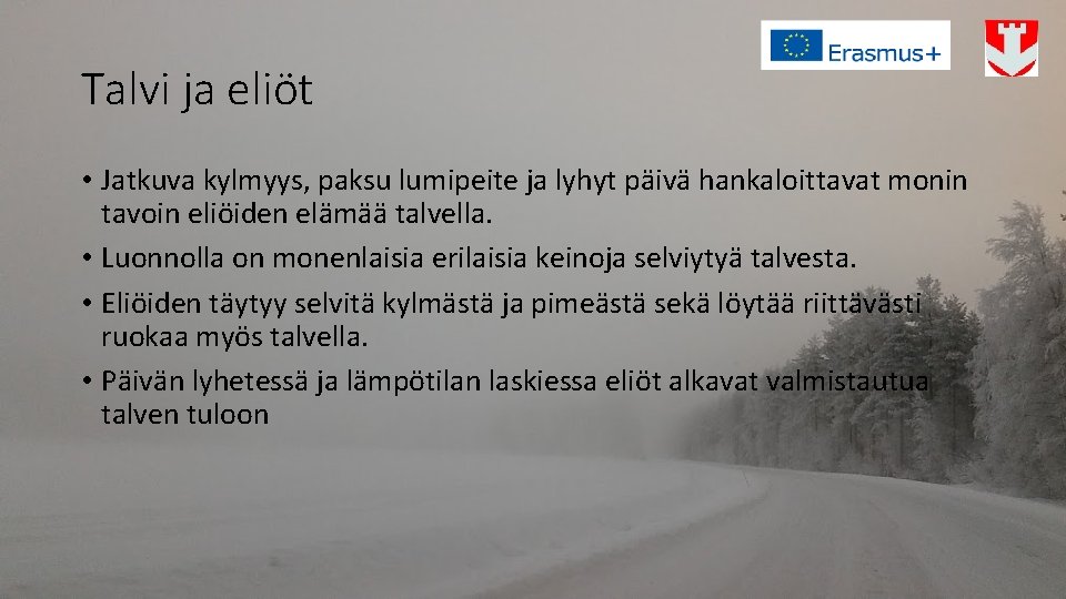 Talvi ja eliöt • Jatkuva kylmyys, paksu lumipeite ja lyhyt päivä hankaloittavat monin tavoin