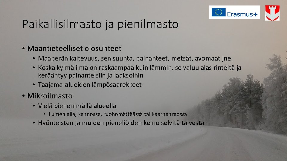 Paikallisilmasto ja pienilmasto • Maantieteelliset olosuhteet • Maaperän kaltevuus, sen suunta, painanteet, metsät, avomaat