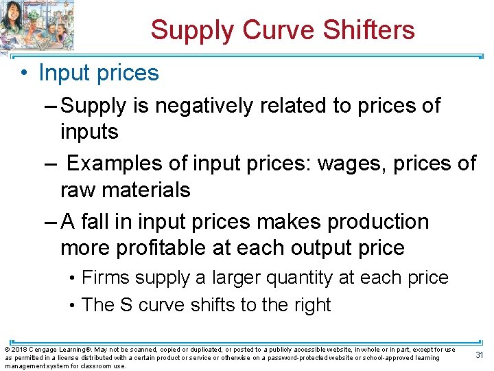 Supply Curve Shifters • Input prices – Supply is negatively related to prices of