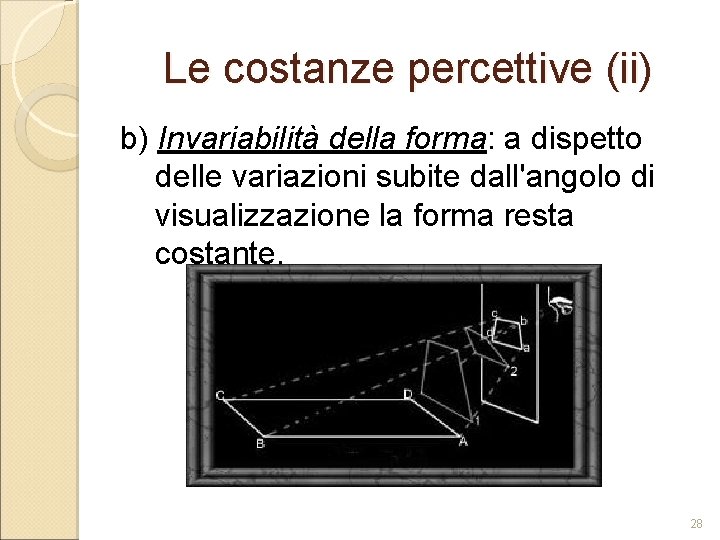 Le costanze percettive (ii) b) Invariabilità della forma: a dispetto delle variazioni subite dall'angolo Le costanze percettive (ii) b) Invariabilità della forma: a dispetto delle variazioni subite dall'angolo
