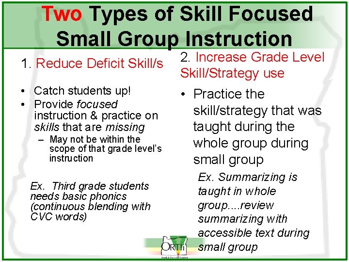 Two Types of Skill Focused Small Group Instruction 1. Reduce Deficit Skill/s • Catch