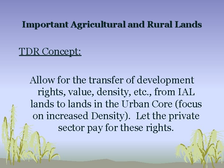 Important Agricultural and Rural Lands TDR Concept: Allow for the transfer of development rights,