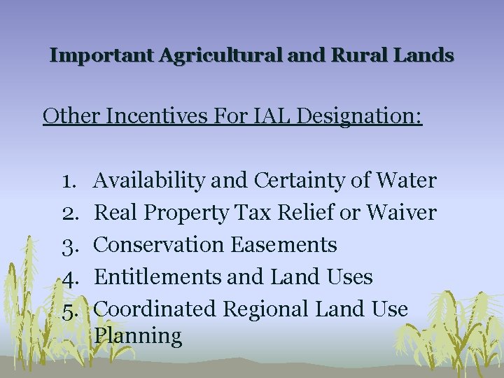 Important Agricultural and Rural Lands Other Incentives For IAL Designation: 1. 2. 3. 4.