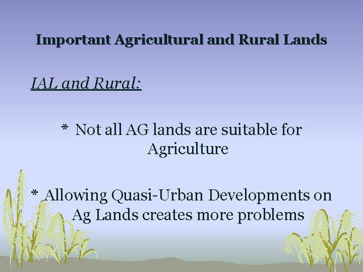 Important Agricultural and Rural Lands IAL and Rural: * Not all AG lands are