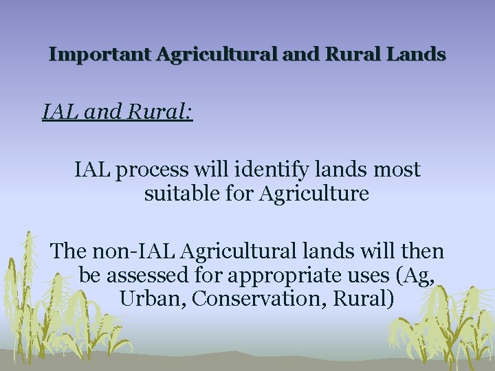 Important Agricultural and Rural Lands IAL and Rural: IAL process will identify lands most