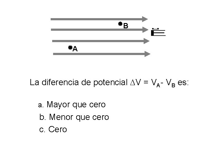 B A La diferencia de potencial DV = VA- VB es: a. Mayor que