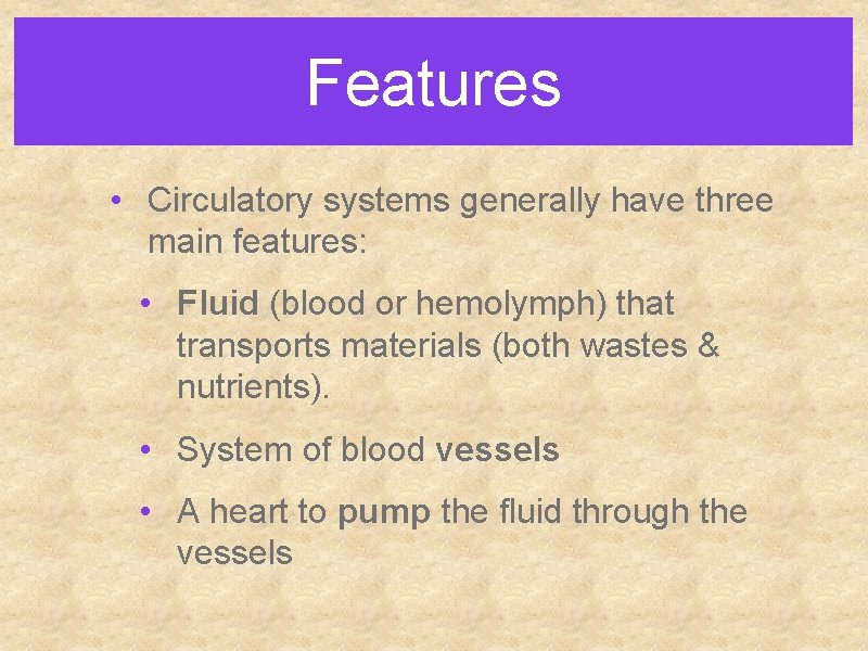 Features • Circulatory systems generally have three main features: • Fluid (blood or hemolymph)