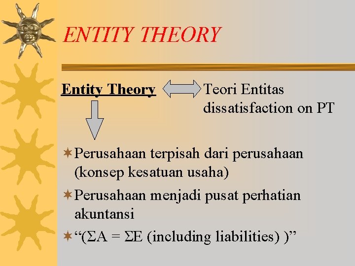 ENTITY THEORY Entity Theory Teori Entitas dissatisfaction on PT ¬Perusahaan terpisah dari perusahaan (konsep