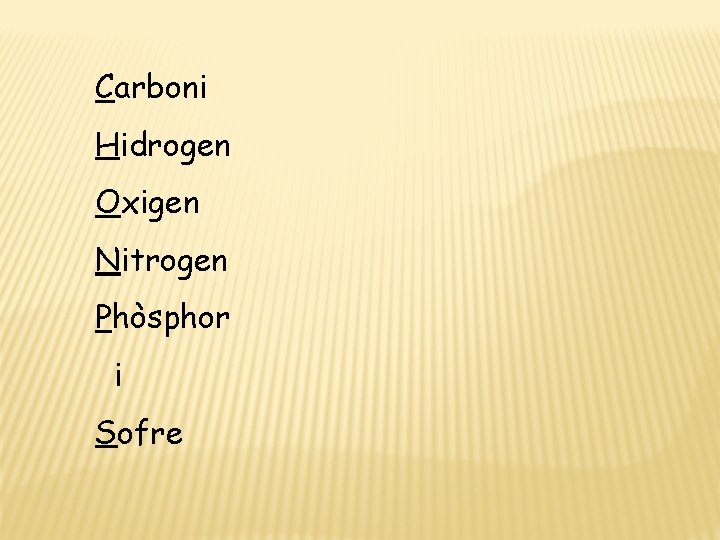 Carboni Hidrogen Oxigen Nitrogen Phòsphor i Sofre 