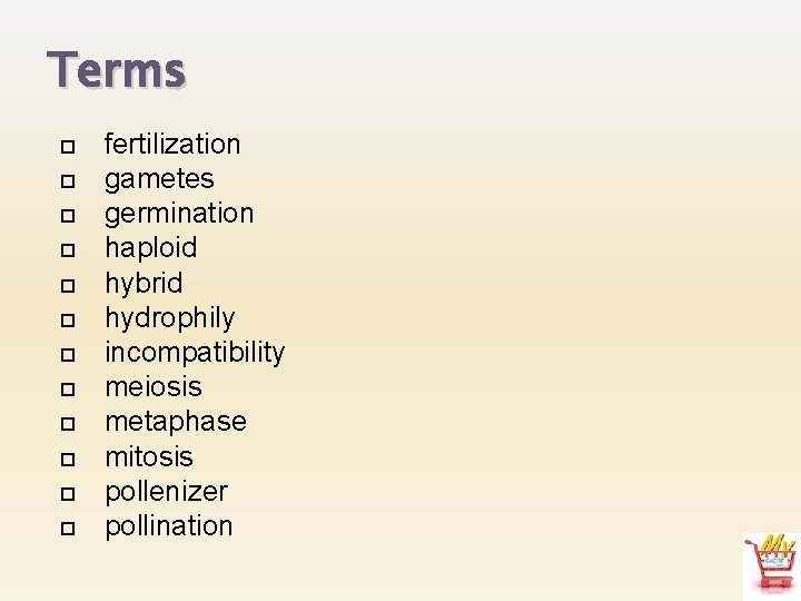 Terms fertilization gametes germination haploid hybrid hydrophily incompatibility meiosis metaphase mitosis pollenizer pollination 