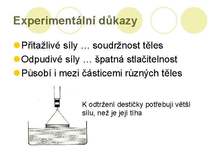 Experimentální důkazy l Přitažlivé síly … soudržnost těles l Odpudivé síly … špatná stlačitelnost