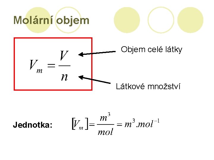 Molární objem Objem celé látky Látkové množství Jednotka: 