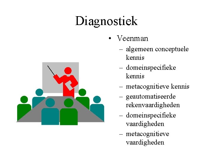 Diagnostiek • Veenman – algemeen conceptuele kennis – domeinspecifieke kennis – metacognitieve kennis –