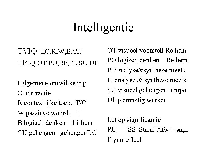 Intelligentie OT visueel voorstell Re hem TVIQ I, O, R, W, B, CIJ TPIQ