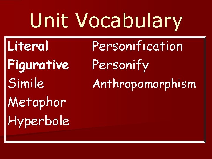 Unit Vocabulary Literal Figurative Simile Metaphor Hyperbole Personification Personify Anthropomorphism Unit Vocabulary Literal Figurative Simile Metaphor Hyperbole Personification Personify Anthropomorphism