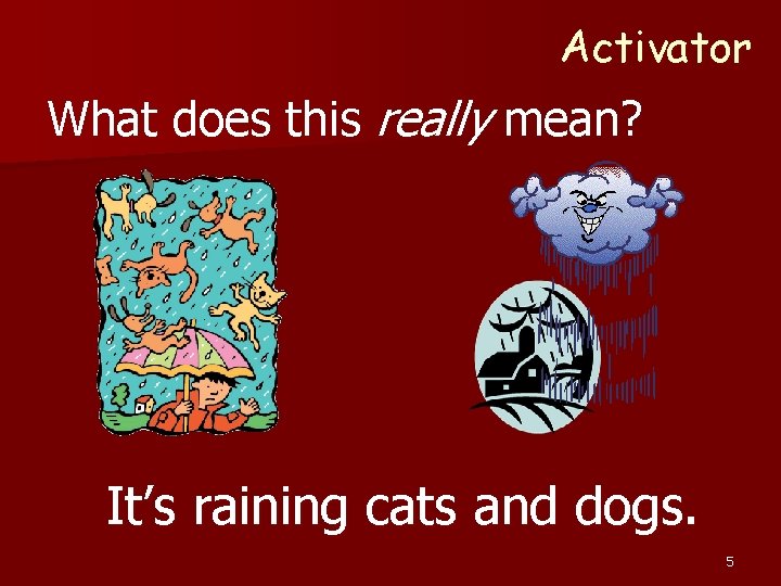 Activator What does this really mean? It’s raining cats and dogs. 5 Activator What does this really mean? It’s raining cats and dogs. 5