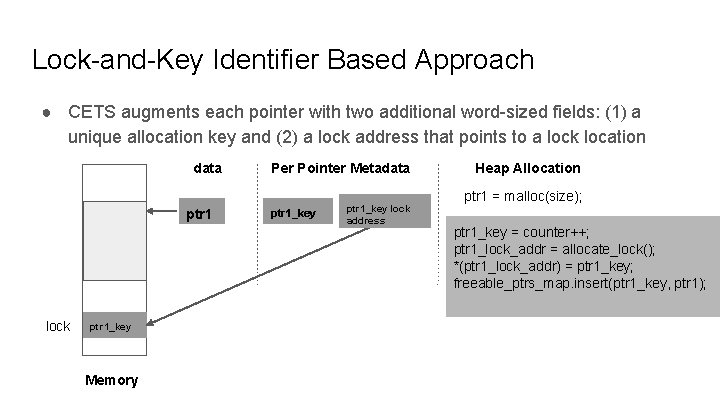 Lock-and-Key Identifier Based Approach ● CETS augments each pointer with two additional word-sized fields: Lock-and-Key Identifier Based Approach ● CETS augments each pointer with two additional word-sized fields: