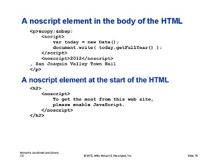 A noscript element in the body of the HTML Murach's Java. Script and j.