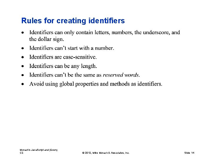 Rules for creating identifiers Murach's Java. Script and j. Query, C 2 © 2012,