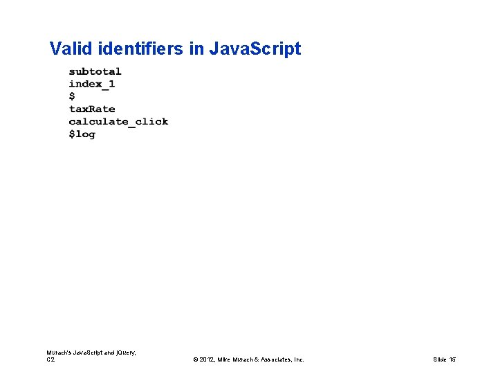 Valid identifiers in Java. Script Murach's Java. Script and j. Query, C 2 ©