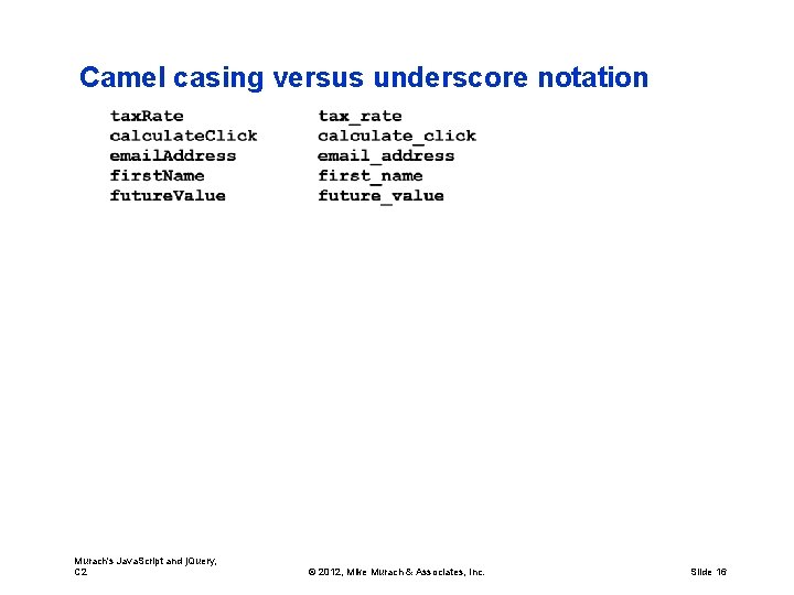 Camel casing versus underscore notation Murach's Java. Script and j. Query, C 2 ©