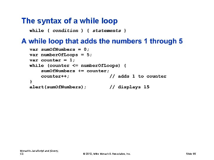 The syntax of a while loop Murach's Java. Script and j. Query, C 2