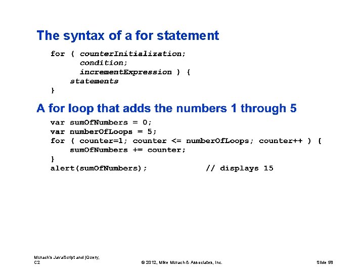 The syntax of a for statement Murach's Java. Script and j. Query, C 2