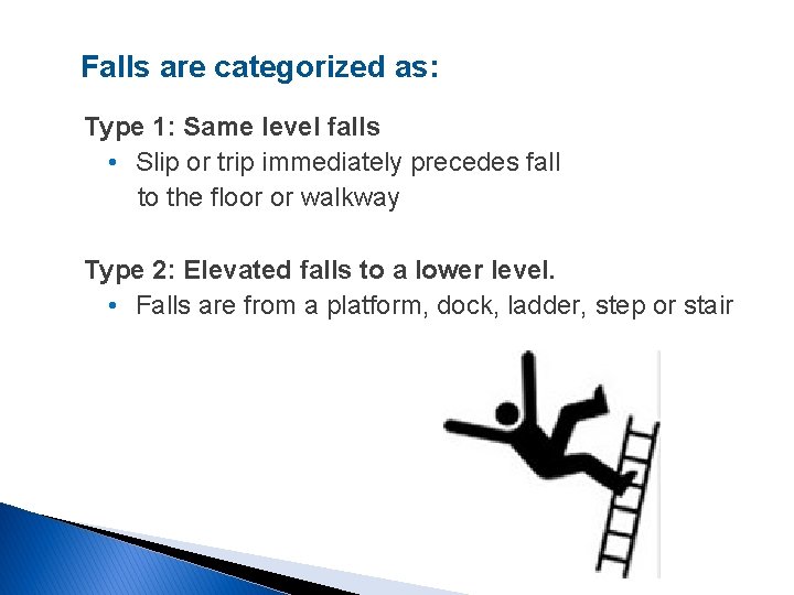 Falls are categorized as: Type 1: Same level falls • Slip or trip immediately