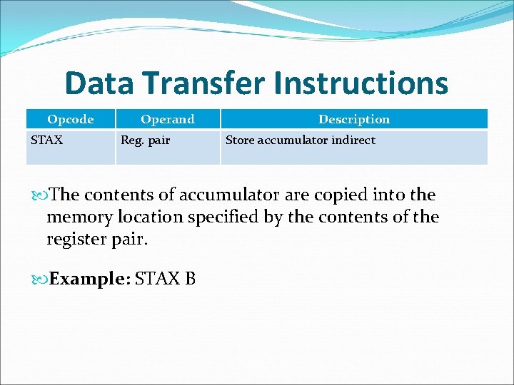 Data Transfer Instructions Opcode STAX Operand Reg. pair Description Store accumulator indirect The contents