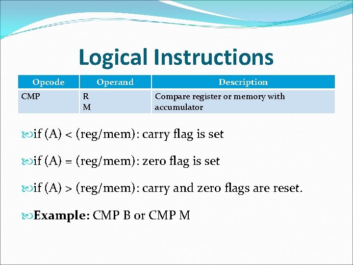 Logical Instructions Opcode CMP Operand R M Description Compare register or memory with accumulator