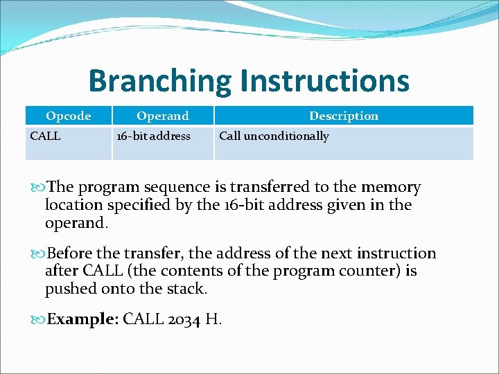 Branching Instructions Opcode CALL Operand 16 -bit address Description Call unconditionally The program sequence