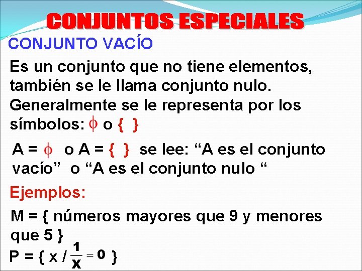 CONJUNTO VACÍO Es un conjunto que no tiene elementos, también se le llama conjunto