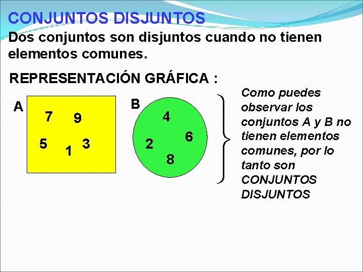 CONJUNTOS DISJUNTOS Dos conjuntos son disjuntos cuando no tienen elementos comunes. REPRESENTACIÓN GRÁFICA :