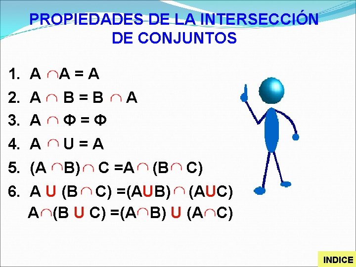 PROPIEDADES DE LA INTERSECCIÓN DE CONJUNTOS 1. A 2. A 3. A A=A B=B