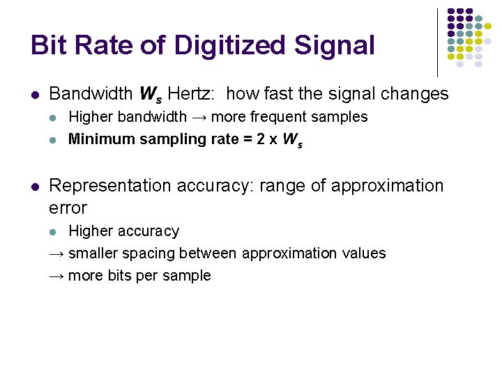 Bit Rate of Digitized Signal l Bandwidth Ws Hertz: how fast the signal changes