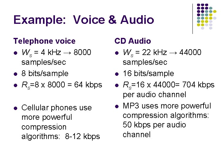 Example: Voice & Audio Telephone voice l Ws = 4 k. Hz → 8000