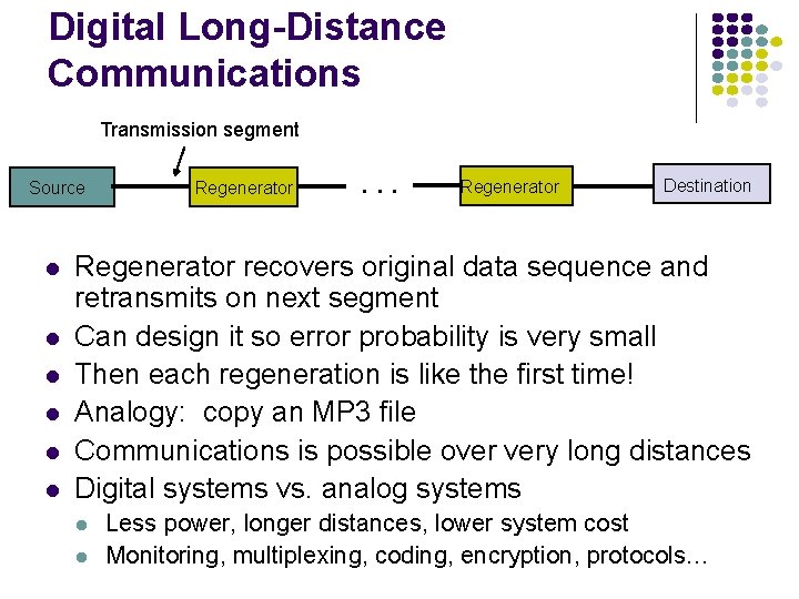 Digital Long-Distance Communications Transmission segment Source l l l Regenerator . . . Regenerator