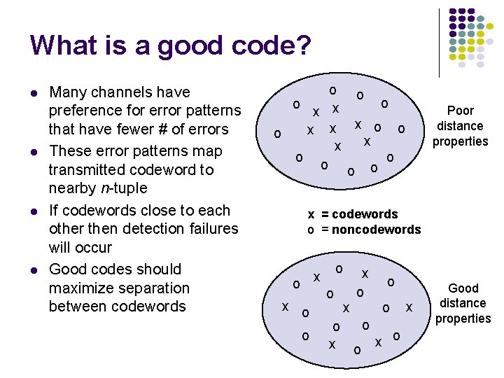 What is a good code? l l Many channels have preference for error patterns