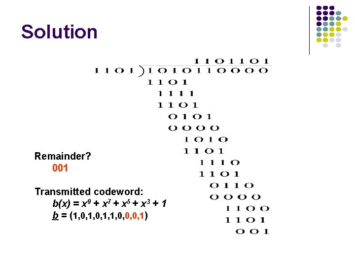 Solution Remainder? 001 Transmitted codeword: b(x) = x 9 + x 7 + x