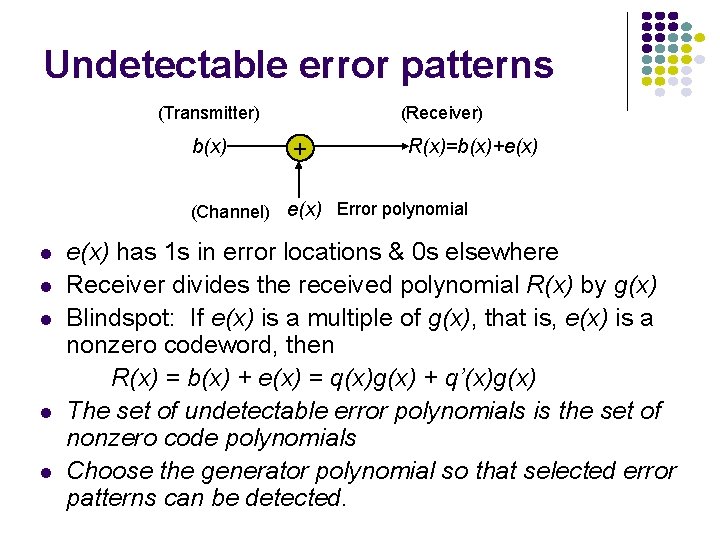 Undetectable error patterns (Transmitter) b(x) (Receiver) + R(x)=b(x)+e(x) (Channel) e(x) Error polynomial l l