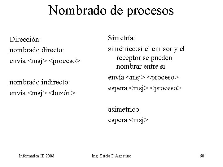 Nombrado de procesos Dirección: nombrado directo: envía <msj> <proceso> nombrado indirecto: envía <msj> <buzón>