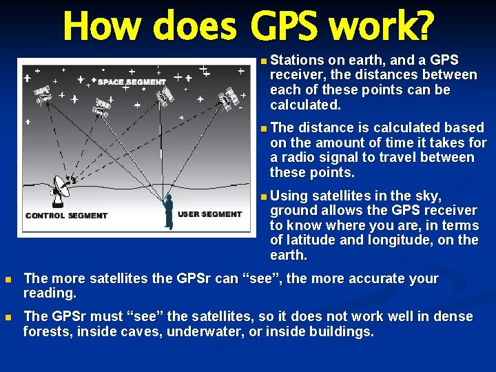 How does GPS work? n Stations on earth, and a GPS receiver, the distances