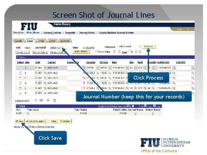 Screen Shot of Journal Lines Click Process Journal Number (keep this for your records)