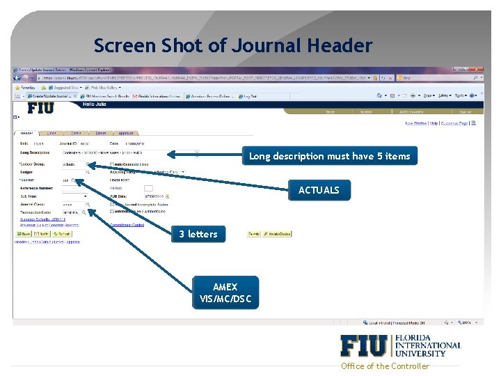 Screen Shot of Journal Header Long description must have 5 items ACTUALS 3 letters