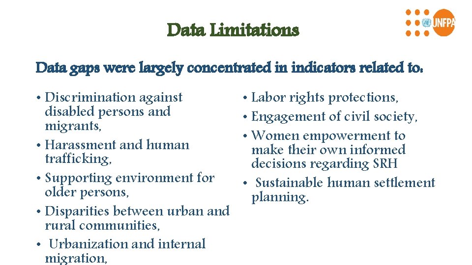 Data Limitations Data gaps were largely concentrated in indicators related to: • Discrimination against