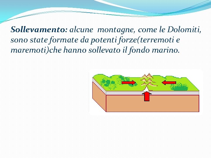 Sollevamento: alcune montagne, come le Dolomiti, sono state formate da potenti forze(terremoti e maremoti)che