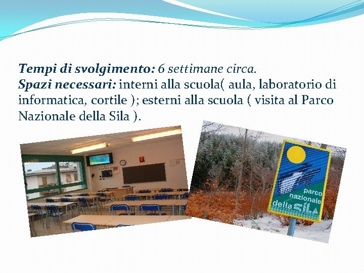 Tempi di svolgimento: 6 settimane circa. Spazi necessari: interni alla scuola( aula, laboratorio di