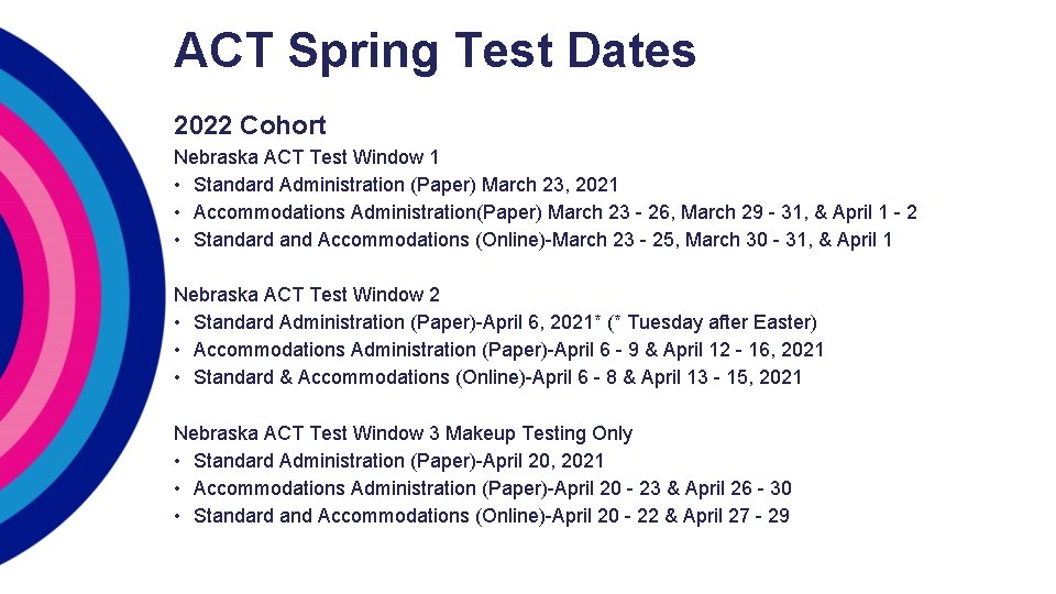 ACT Spring Test Dates 2022 Cohort Nebraska ACT Test Window 1 • Standard Administration ACT Spring Test Dates 2022 Cohort Nebraska ACT Test Window 1 • Standard Administration
