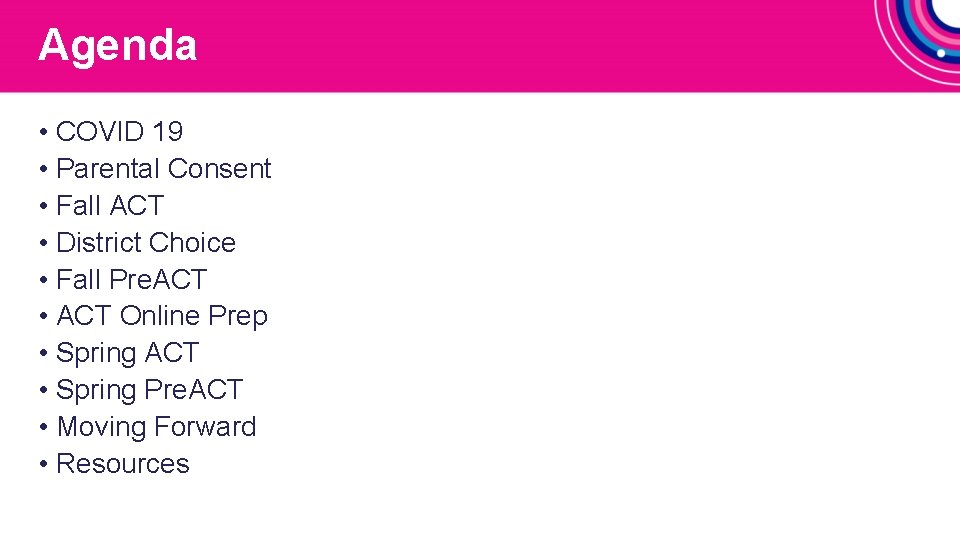 Agenda • COVID 19 • Parental Consent • Fall ACT • District Choice • Agenda • COVID 19 • Parental Consent • Fall ACT • District Choice •