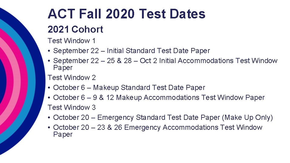 ACT Fall 2020 Test Dates 2021 Cohort Test Window 1 • September 22 – ACT Fall 2020 Test Dates 2021 Cohort Test Window 1 • September 22 –